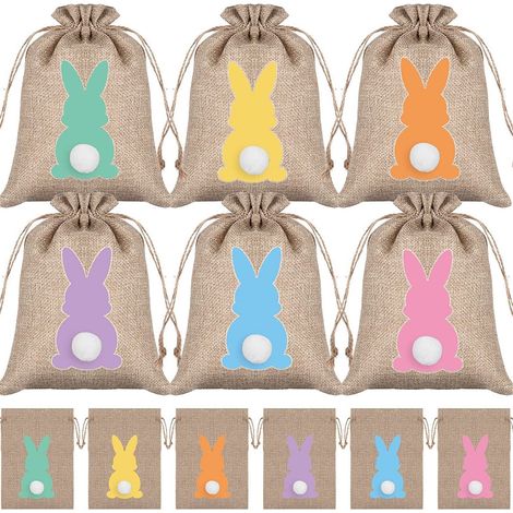 Lot de 12 sacs à cordon de jute de Pâques : Sacs à friandises en lin avec motif de lapin, cordons en jute, pour cadeaux de fête, cadeaux de vacances et remplissage de paniers de Pâques (1/5)