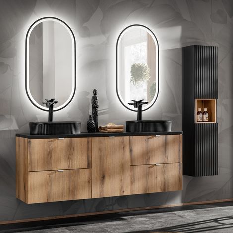 Badmöbel Set 4-teilig, 160cm Doppelwaschtisch, in Eiche und schwarz, NEWPORT-56-OAK (1/5)