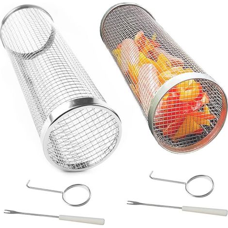 Paniers cylindriques pour barbecue, lot de 2, paniers à roulettes avec fourchettes, accessoires en acier inoxydable, parfaits pour le camping et les barbecues de terrasse. (1/5)