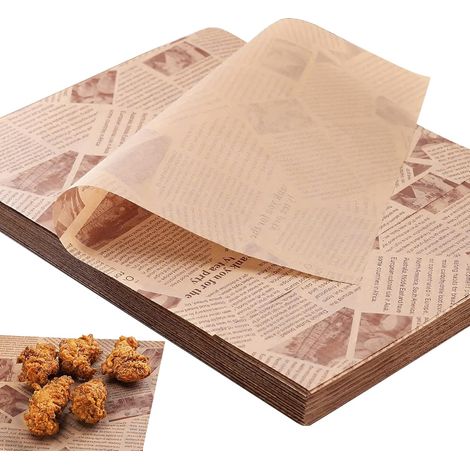 Papier sulfurisé, paquet de 100 feuilles, 25 x 35 cm, absorbant l'huile, idéal pour les paniers, les hamburgers, les sandwichs, le fromage et les frites.