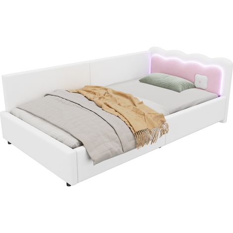 Canapé-lit 90x200 cm avec éclairage LED d'ambiance, lit banquette blanc en tissu, structure MDF, sommier à lattes, sans matelas  CHICFURN (1/5)