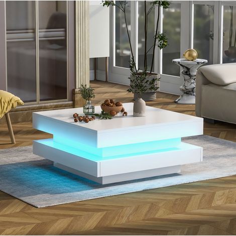 Table basse en panneaux de particules blanc laqué 70 cm avec plateau rotatif 360° et LED (1/5)