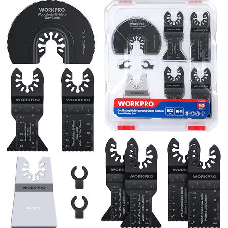 Workpro – Lames de scie oscillantes 10PCS – Acier haute teneur en carbone – Pour bois dur, métal, plastique – Coffret avec adaptateurs C-clip