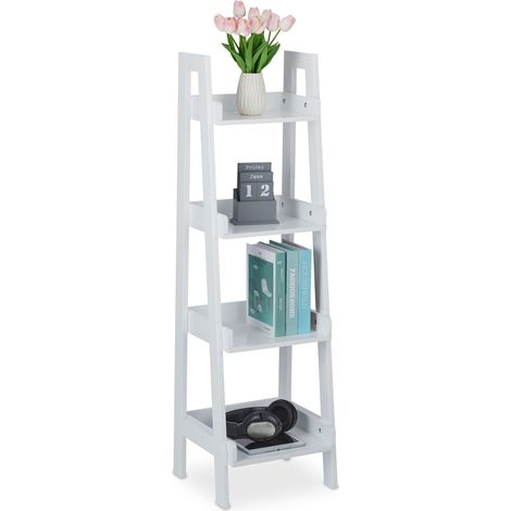 Relaxdays Freestanding Shelf with 4 Levels, Ladder Rack for Decotations, Plants & Books, HxWxD: 112 x 33 x 30 cm, White (1/5)