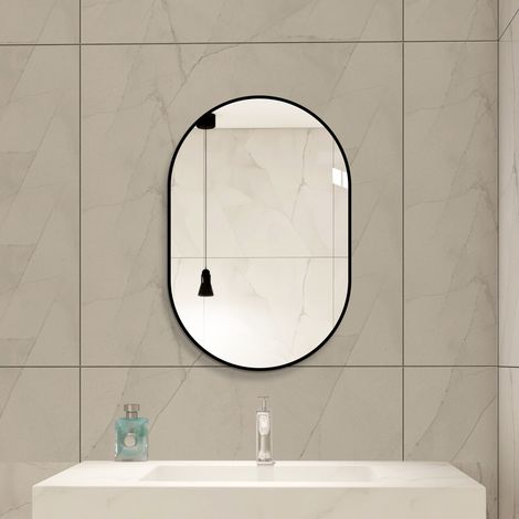 Specchio da parete ad arco 60×90 cm con cornice in alluminio nero – Specchio argento HD senza rame, specchio moderno per bagno / specchio da trucco / specchio d'ingresso, specchio decorativo da append