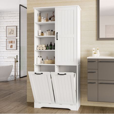 Armadio bagno 78x35x172.7 cm bianco in MDF con doppio portabiancheria e ripiani regolabili (1/5)