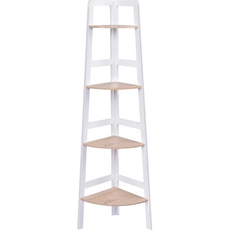 Costway Etagère d'angle Meuble d'angle à 4 niveaux Bibliothèque Support de plantes en MDF, 32x32x138cm, Blanc-naturel (1/2)