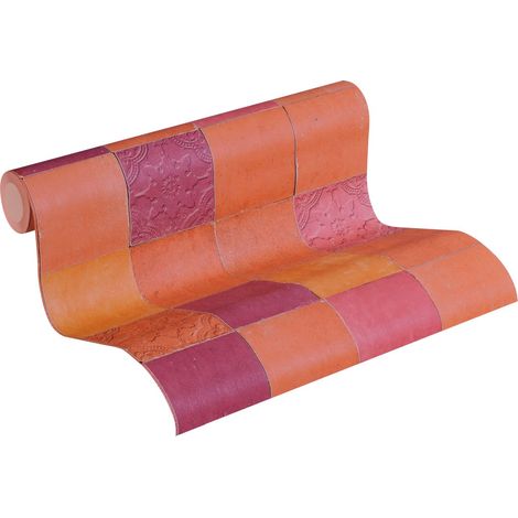Papier peint orange et framboise imitation carrelage Tapisserie style marocain rouge et orange Papier peint cuisine et salon (1/5)