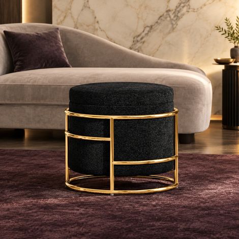 Pouf contenitore rotondo, rivestimento effetto velluto, struttura metallica dorata, nero DESVIAE (1/5)