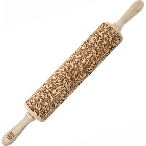 Mattarello in legno MoodForWood, inciso, 43 cm con manici, perfetto per la cottura al forno - Motivo barocco (1/5)