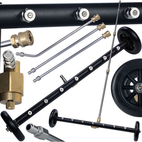 Lanza Para Limpieza De Subchasis – 7 Boquillas 40° 275 Bar (4000 PSI) Acero Inox 120 cm, Enchufe Rapido 1/4", Ruedas De Goma (1/5)