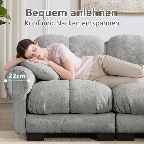 Canapé d'angle modulaire 4 places en tissu chenille gris clair, méridienne avec pouf mobile, matelassage raffiné, assise moelleuse et soutenante, dossier ergonomique, montage facile. (1/5)
