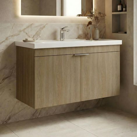 Meuble vasque suspendu 100 cm décor chêne 2 portes NEA (1/4)