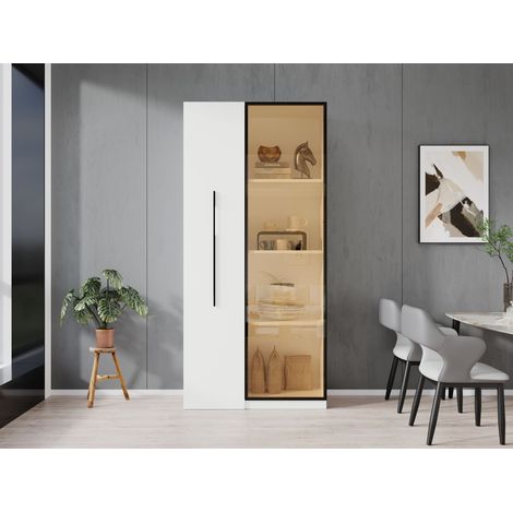 Armoire multifonctionnelle, haute de 160 cm. Composée d’un rayonnage pour livres et d’une vitrine avec des portes en verre durci.  Vitrine destinée à la salle à manger.