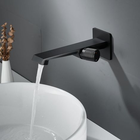 Robinet Lavabo Salle de Bain Noir, Mitigeur Lavabo Encastré 1 Trous, Robinet Mural Salle de Bain Avec bec Prolongé PTMP10B (1/5)