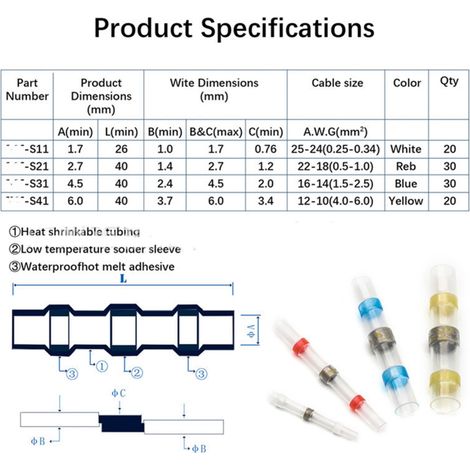 Cosses thermorétractables étanches – lot de 800 – à souder, connecteurs bout-à-bout, blanc/rouge/bleu/jaune + tube (1/5)