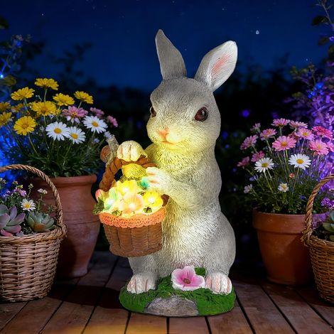 1 Statue Lapin Solaire, Résine, Panier Fleurs Lumineuses, Escargot, Décoration Jardin Intérieur Extérieur (1/5)