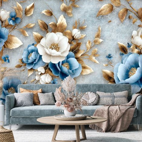 Fototapete Blumen Blau Gold Glamour, für Wohnzimmer und Schlafzimmer, 150 x 105 cm – Komplettset inkl. Kleister & Anleitung (1/5)