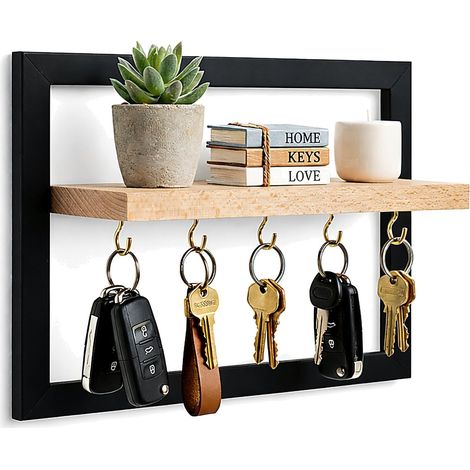 Plaque à clés avec étagère - Organiseur mural avec 5 crochets et étagère en bois - Design moderne avec cadre noir - Porte-clés pour couloir, cuisine ou bureau (noir) (1/5)
