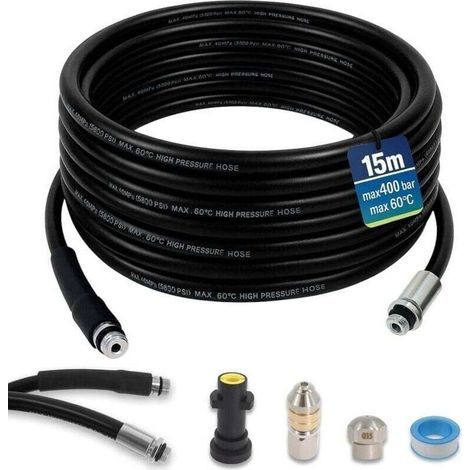 Furet déboucheur canalisation 15m 400 Bar compatible Karcher K2-K7 – Tuyau flexible haute pression avec accessoires pour nettoyage de tuyauterie (1/4)