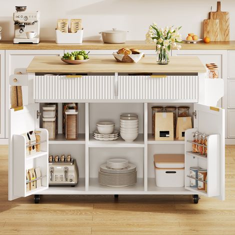 Îlot de cuisine 143x45x89,5 cm en MDF blanc, extensible avec rangement pour cuisine FloraGrace (1/5)