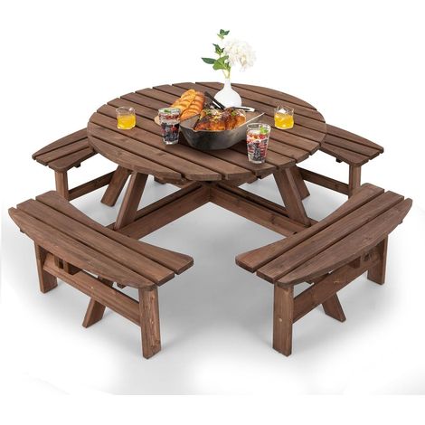 Ensemble de Salon de Jardin Extérieur en Bois de Sapin pour 8 Personnes, Ensemble de Table de Pique-Nique avec Trou pour Parasol, Résistant aux Intempéries, pour Patio, Jardin, Terrasse (1/5)