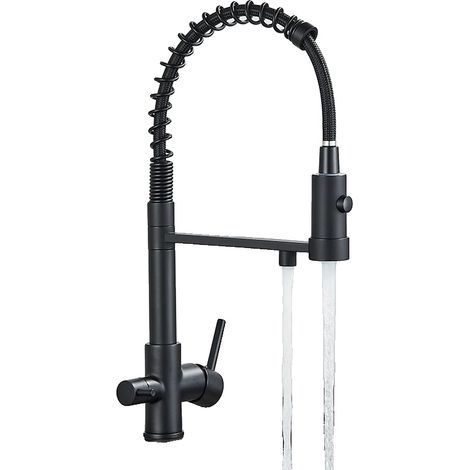 Grifo de cocina con filtro, doble manija, caño flexible, negro mate. (1/2)