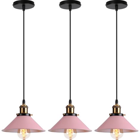 3x Suspension Luminaire Industriel Design Edison Luminaire Plafonnier E27 Lustre Abat-jour en Métal, Ø 22cm (Rose clair 3 PACK) (1/5)