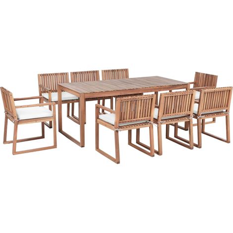 Set da pranzo da giardino rustico da 8 posti: tavolo e sedie in legno di acacia certificato con cuscini bianco sporco Sassari II