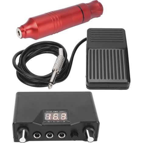 Kit de machine à tatouer professionnelle, comprenant un stylo à tatouer, une pédale et un adaptateur secteur, rouge (90-250V), prise standard européenne. (1/5)