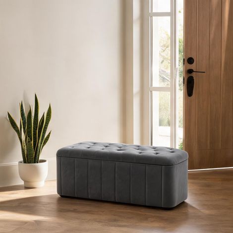 Banc de rangement en velours gris foncé avec espace de stockage (1/5)