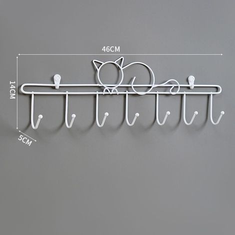 Kleiderständer Wand selbstklebend ohne Bohren, 7 lange Haken für Kleidung und Hüte, Modell weiße Katze-lsw