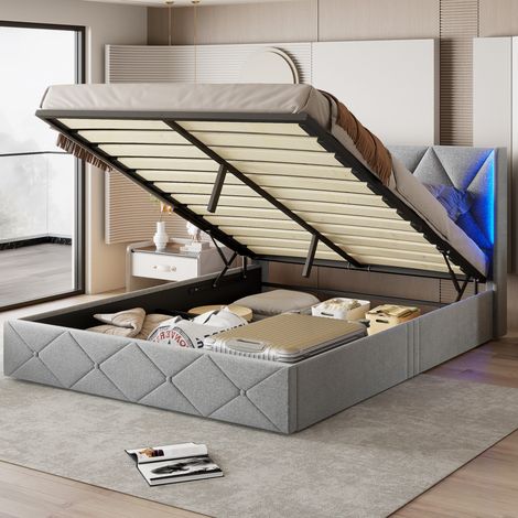 Letto matrimoniale con contenitore 160x200 cm, illuminazione a LED sui lati del comodino, ampio spazio contenitivo, rete a doghe, velluto effetto ghiaccio - Grigio