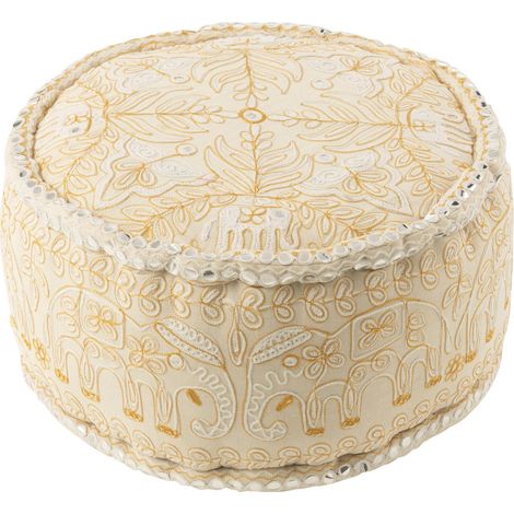 Pouf rond éléphants miroirs coton crème et or élégant - Crème brodé or motifs éléphants (1/4)