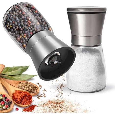 Molinillo de pimienta，juego de 2 piezas，fabricado en acero inoxidable de alta calidad，con núcleo de molienda de cerámica ajustable manualmente (1/5)