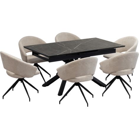 Conjunto de mesa de comedor extensible y 6 sillas TAYLOR JANE - Mesa en melamina negro mármol 200-160 x 90 cm con sillas en tejido beige - MOG CASA