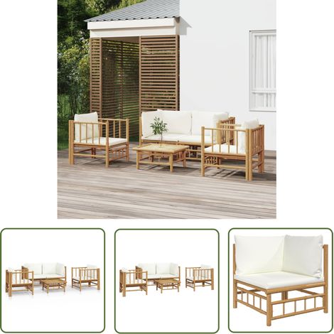 The Living Store Salon de jardin 5 pcs avec coussins blanc crème bambou - Salon De Jardin - Mobilier De Jardin - Ensemble De Salon - Meubles De Jardin - Bambou (1/5)