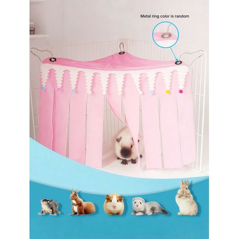 Maison refuge pour petits animaux pour hamsters, lapins et cobayes - Abri triangle avec pompons, motif forêt, nid sans fond avec franges 303040 Rose (1/5)