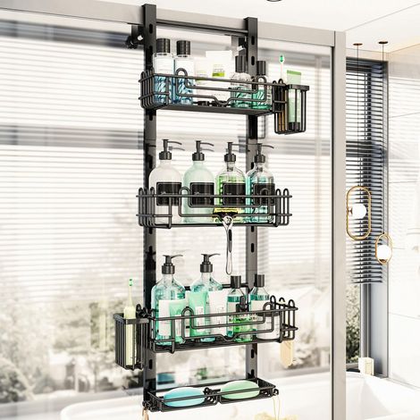 Étagère de douche à 4 niveaux à suspendre à la porte avec 22 crochets et 2 supports de brosse à dents, sans perçage, organiseur de douche réglable à suspendre pour salle de bain, noir