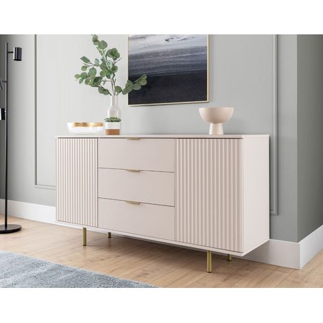 Bestmobilier – Buffet bas beige 150 cm – Structure MDF résistante à l'humidité – Système push to open – 2 étagères et 3 tiroirs