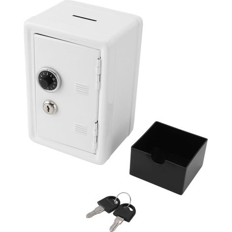 Tirelire en métal verticale avec serrure et clés, design créatif mignon, coffre-fort à pièces robuste pour la maison, blanc (1/5)