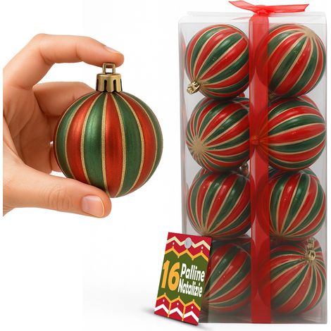 Box 16 Palline di Natale per Albero Sfere Natalizie Addobbo Rosso e Verde da 8cm (1/5)