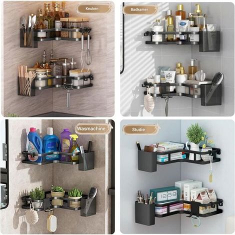 Etagere Angle Salle De Bain - Acier Carbone - 90 Degres - Sans Perçage - 4 Crochets - 2 Unites (1/5)