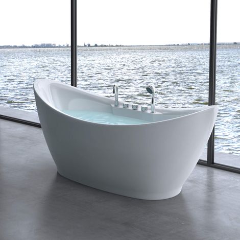 doporro Vasca da Bagno Freestanding con Rubinetti Vicenza603 180x80x80cm in Acrilico Bianca con Piletta e Troppopieno e Attacchi DIN (1/5)