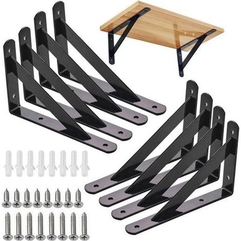 8 Pcs Supports Triangulaires de 90 Degrés en Acier, Equerre Etagere Murale, Équerres Étagères 200mm x 120mm, Support d'angle Brace (Noir) (1/4)