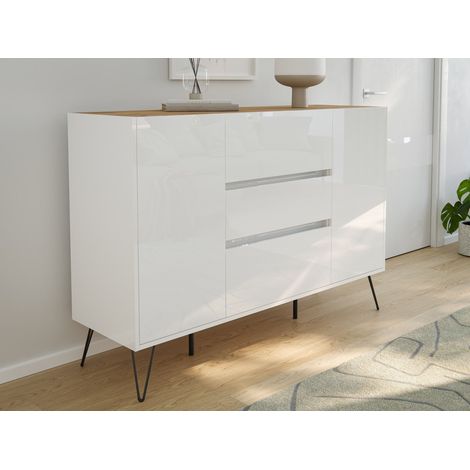 Design Sideboard Kommode Daro 140cm Greifraum 3 SoftClose 2 Türen Weiß/Eiche Top (1/5)