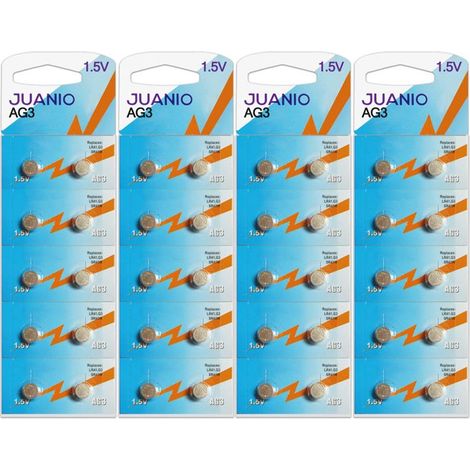 Lot de 40 Piles bouton plates 1,5V type AG3 compatibles 392 / LR41 / SR41SW - Juanio - (1/2)