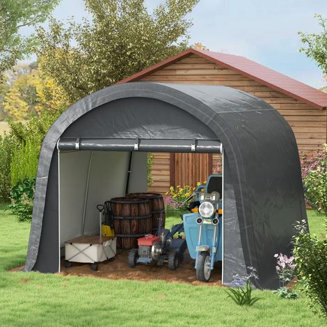 Carpa de almacenamiento para jardín, estructura de acero resistente, puertas grandes, 3x3 m, gris.