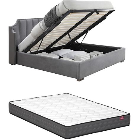 Letto con contenitore 140 x 190 cm con testata letto curva Velluto Grigio + Materasso  - TEOMIS