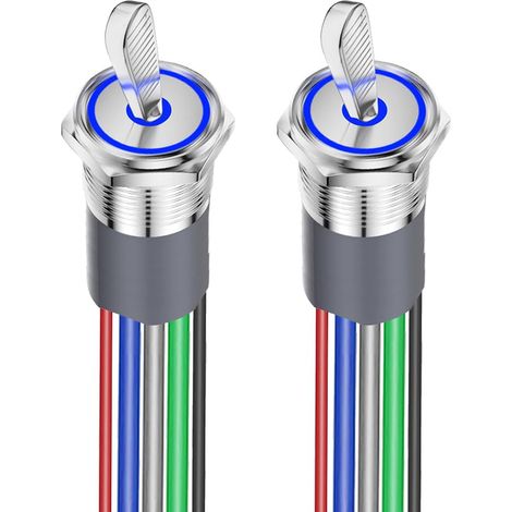 2pcs 16mm Prewired Rocker Switch 12V-24V, SPST ON / OFF LED Switch, imperméable IP67 Switch électrique métal en laiton chromé argent pour tableau de bord de voiture marine (éclairé bleu)